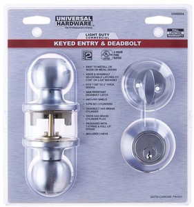 lot 560 image: Universal Hardware Standard Duty Commercial Satin Chrome Keyed Entry Knob with Single Cylinder Deadbolt Combo