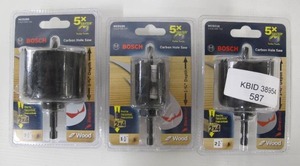 lot 587 image: 3-Pack Bosch Carbon Hole Saw Drill Bits - 1-14 , 2-18, and 2-12 Inch