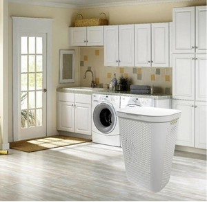 lot 610 image: Modern Home White Laundry Hamper with Flip Open Lid
