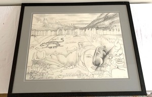 lot 6B image: Large Framed Surrealist Pencil Drawing by Artist, Arne Nyen 1992