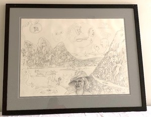 lot 6 image: Large Framed Surrealist Pencil Drawing by Artist, Arne Nyen