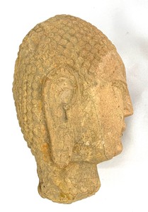 lot 22 image: Antique Buddha Head Statue Thai Dvaravati Stone- Heavy