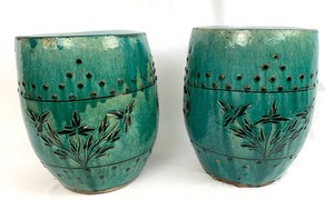 lot 23 image: Pair Chinese Vintage Turquoise Glazed Ceramic Garden Stools Side Tables