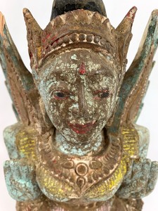 lot 45 image: Antique Polychrome Hindu Winged Ancient Deity Sculpture- Wood