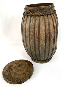lot 57 image: Antique Tribal African Gourd Vessel With Tight Fitting Wooden Lid