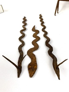 lot 85 image: 6 Rare Antique African Iron Items-3 Dogon Figures & 3 Snake Currencies- Lobi Burkina Faso