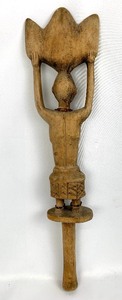 lot 80 image: Antique Primitive African Carved Deity Sculpture Staff Top with Beaded Jewelry