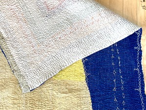 lot 109 image: Vintage Hand-Stitched YellowBlue Kantha Quilt From India, 66 x 86