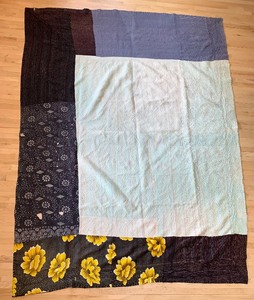 lot 110 image: Vintage Hand-Stitched Color Block and Emerald Print Kantha Quilt From India