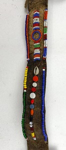 lot 125 image: Antique African  Leather, Bead and Shell HeadNeckBelt Piece with Beaded Hoops- Dayak