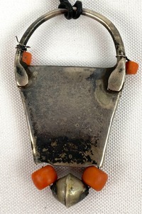 lot 210 image: Vintage North African Sterling Silver Prayer Box w Enamel and Coral Glass Beads.