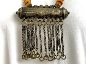 lot 216 image: Antique North African Silver Prayer Box Necklace w Copal Amber Beads and Sterling Silver Spacer Beads