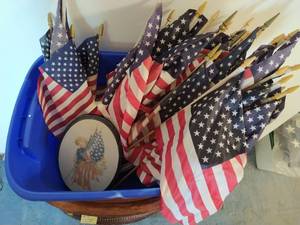lot 15 image: Bin of Miniature American Flags and Patriotic Wall Hanging
