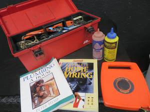 lot 50 image: TOOL BOX FULL OF MISC TOOLS-2BOOKS-2 BOTTLES OF MARKING CHALK-TAPE MEASURE