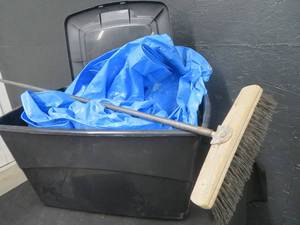 lot 54 image: NEW BLUE TARP, STORAGE TOTE AND BROOM