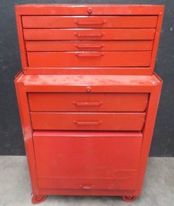 lot 116 image: RED ROLLING TOOL BASE WITH SMALLER TOOL BOX ON TOP