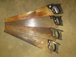 lot 121 image: 4 PLASTIC HANDLED HAND SAWS