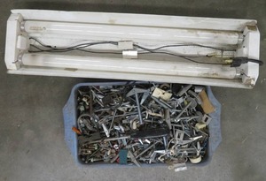lot 126 image: BOX OF MISC TOOLS, ANCHOR BOLTS, NAILS, BOLTS, ETC AND FLORESENT LIGHT FIXTURE