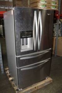 lot 695 image: Whirlpool Side-by-Side Single Drawer Refrigerator Bottom Freezer with WaterIce WRX735SDBM00 (return to vendor)