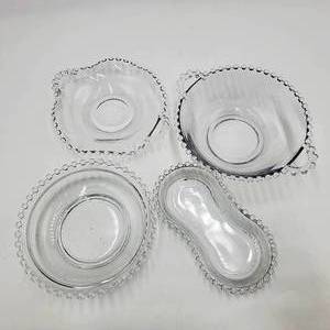 lot 08 image: 4 Candlewick Clear Glassware Crimped Plate - Handled Bowls - Bowl - SugarCreamer Tray -  CRV $109