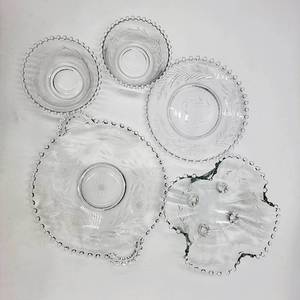 lot 09 image: 5 Candlewick Clear Depression Glassware Handled Crimped Plate - Crimped Bowl - 2 Bowls  -  Plate - CRV $156