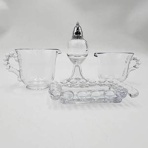 lot 10 image: 4 Candlewick Clear Glassware 2 Creamers - Spice Shaker - Ashtray -  CRV $109