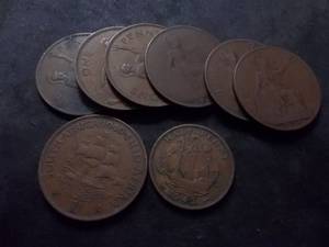 6 Large Penny Coins British 1919-1940, 1-1 Dollar South African Coin 1940, 1-12 Cent 1942 British