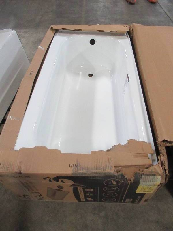 lot 529 image: Bootz Industries Maui 60 x 30 x 16 58 Left Drain Rectangular Alcove Soaking Bathtub in White, - Enamel Chip LH Front Corner and on Tile Flange.