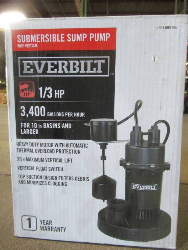 lot 745 image: Everbilt  13 HP Submersible Sump Pump with Vertical, SBA033V1.