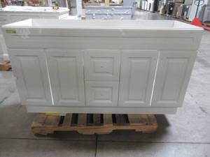 lot 100 image: Glacier Bay Glensford 60 in. W x 22 in. D Vanity Cabinet Only in White, GF6021-WH. - Scratch and Dent - Broken Back Foundation Board.