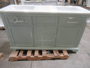 lot 102 image: Roswell Lorna 60 in. Bath Vanity in Finnish Green with Composite Vanity Top in White with White Basin - Chipped Vanity Top RH Corner.