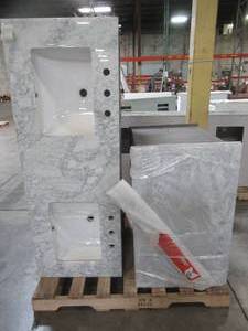 lot 105 image: WHOLESALE MIXED PALLET OF 2 Vanity Cabinets with Some Damage - For Restore Project.