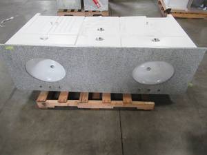 lot 108 image: Ridgemore 71 in. W x 22 in. D Vanity in White with Granite Vanity Top in Grey with White Sink - Scratch and Dent.