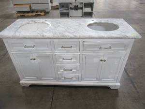 lot 110 image: Windlowe 61 in. W x 22 in. D x 35 in. H Bath Vanity in White with Carrera Marble Vanity Top in White with White Basin - Scratch and dent - for partsrestore.