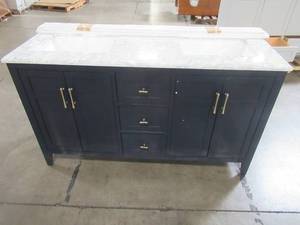 lot 111 image: Sturgess 61 in. W x 22 in. D Bath Vanity in Navy Blue with Marble Vanity Top in Carrara White with White Basins - Hole in Back Wall.