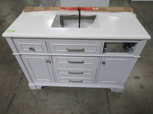 lot 112 image: Melpark 48 in. W x 22 in. D Bath Vanity in Dove Grey with Cultured Marble Vanity Top in White with White Sink - Scratch and Dent. For partsrestore.