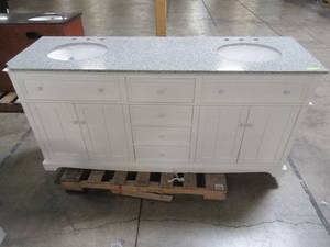 lot 114 image: Fremont 72 in. W x 22 in. D Double Vanity in White with Granite Vanity Top in Grey with White Basin - Slight Scratch and Dent - Chipped LH Front Corner of Top.