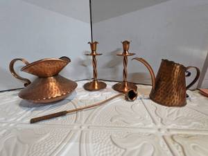 lot 73 image: Hammered Copper Teapot, Watering Can, Candle Holders