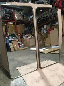 lot 21 image: Lot of 2 22 in. W x 48 in. H Stainless Steel Framed Radius Corner Bathroom Vanity Mirror in Satin Brass by Glass Warehouse Customer Returns See Pictures