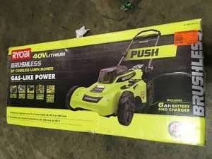 lot 30 image: 40V Brushless 20 in. Cordless Battery Walk Behind Push Lawn Mower with 6.0 Ah Battery and Charger by RYOBI Customer Returns See Pictures