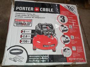 6 Gal. 150 PSI Portable Electric Air Compressor, 16-Gauge Nailer, 18-Gauge Nailer and 38 in. Stapler Combo Kit (3-Tool) by Porter-Cable Customer Returns See Pictures