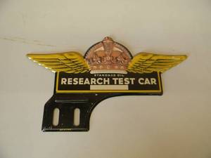 lot 2 image: Standard Oil Research Test Car Original Vintage License Plate Topper - ORIGINAL - NICE -  APPROX 9 x 5.5 - GREAT PIECE - SEE PICTURES