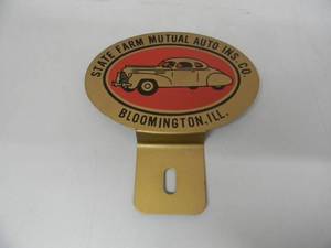 lot 5 image: VINTAGE ORIGINAL - STATE FARM MUTUAL AUTO INS. CO. BLOOMINGTON, ILL.LICENSE PLATE TOPPER - NICE - COOL PIECE - APPROX 4.5 BY 5 - SEE PICTURES