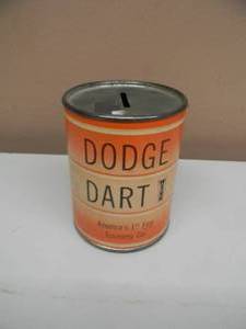 lot 42 image: RARE - VINTAGE DODGE DART OIL CAN ADVERTISING COIN BANK - NICE - GREAT PIECE - SEE PICTURES