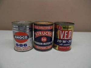 lot 47 image: VINTAGE STRUCTO 66, V.E.P. & AMOCO OIL - OIL CAN ADVERTISING COIN BANKS - NICE - GREAT PIECES - SEE PICTURES
