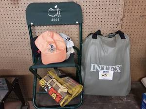 lot 25 image: Intex Single Inflatable Mattress, Folding Chair, Caps, Beach Mat