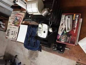 lot 32 image: OFFICE RELATED LOT 4-drawer File, Laminator, Paper Trays, Punch, Old Newspapers, Old Nixon Button, More