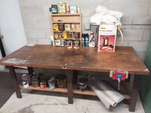 lot 33 image: Work Bench With Attached Wood Vise, Includes Paint & Stain Related, Drop Cloths, Wagner Power Roller