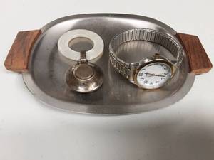 lot 41 image: Vintage Lullaby Sterling Baby Rattle, Timex Watch