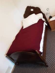 lot 66 image: Vintage Single Bed with Fancy Crown Head Board, Foot Board, Rails, Mattress, Box Spring & Bedding